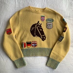 Bode Pony Silhouette Crewneck Alpaca Wool Knit Horse Patch Sweater Top Yellow